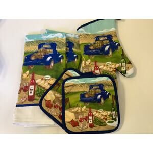 5pc Kitchen Set Truck Wine Country Farmhouse 2 Pot Holders 2 Towels Oven Mitt